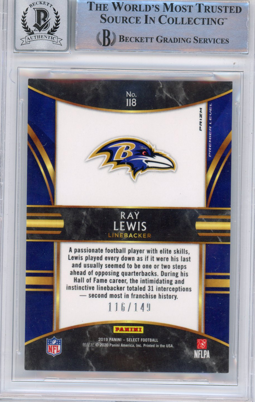 Ray Lewis Autographed 2019 Panini Prizm Blue 116/149 Trading Card BAS Slab