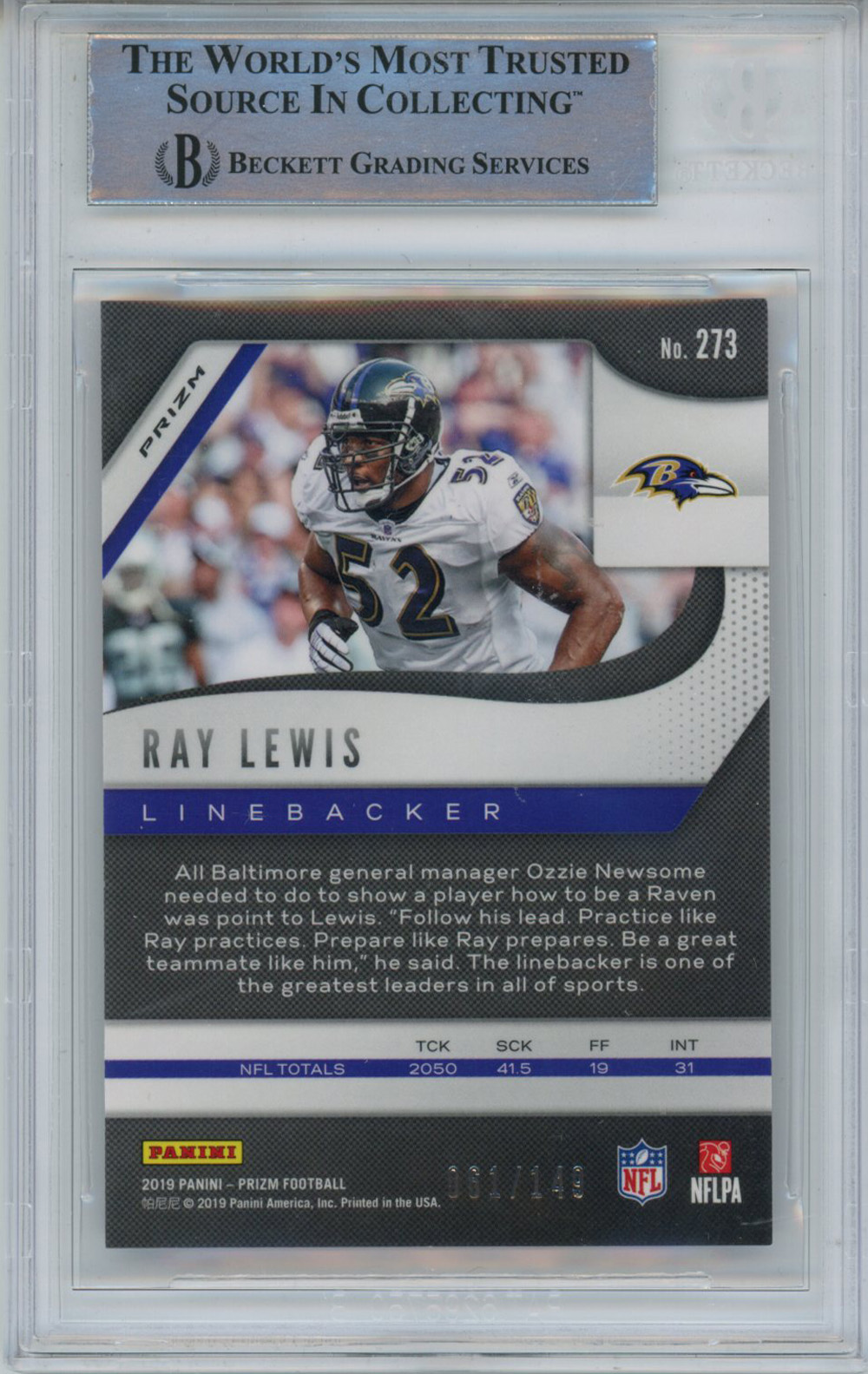 Ray Lewis Signed 2019 Prizm Red Wave #149 Trading Card Beckett Slab