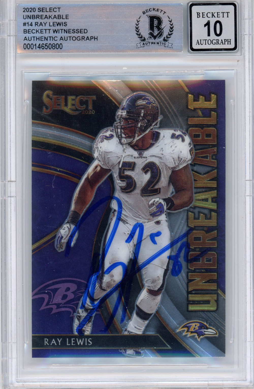Ray Lewis Autographed 2020 Select Unbreakable #U14 Trading Card BAS Slab