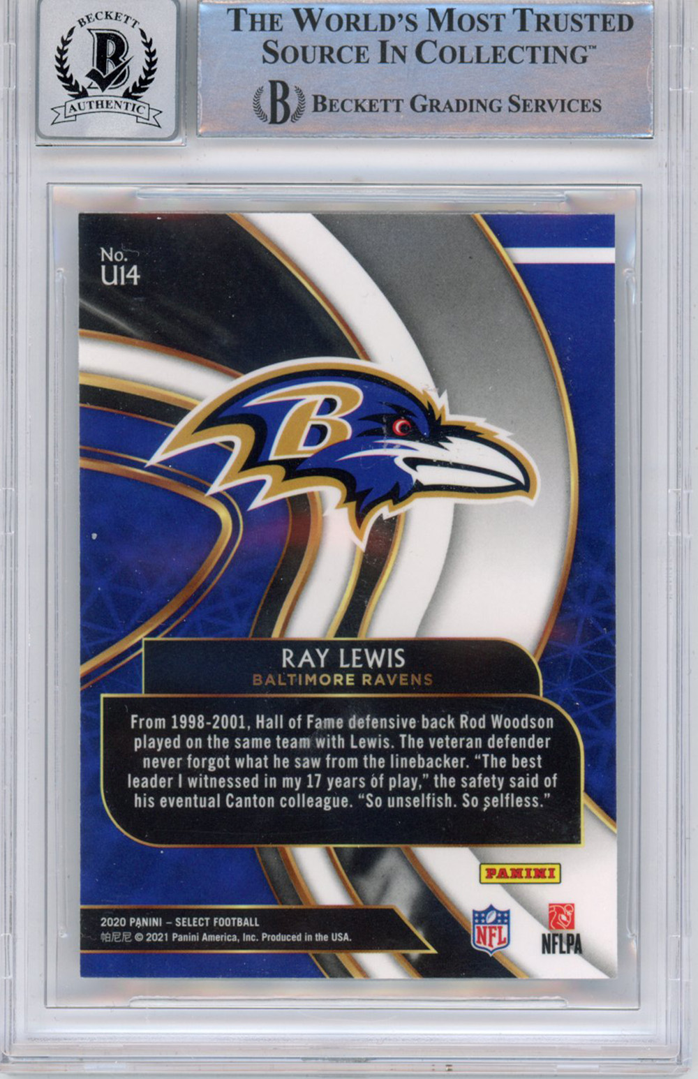 Ray Lewis Autographed 2020 Select Unbreakable #U14 Trading Card BAS Slab