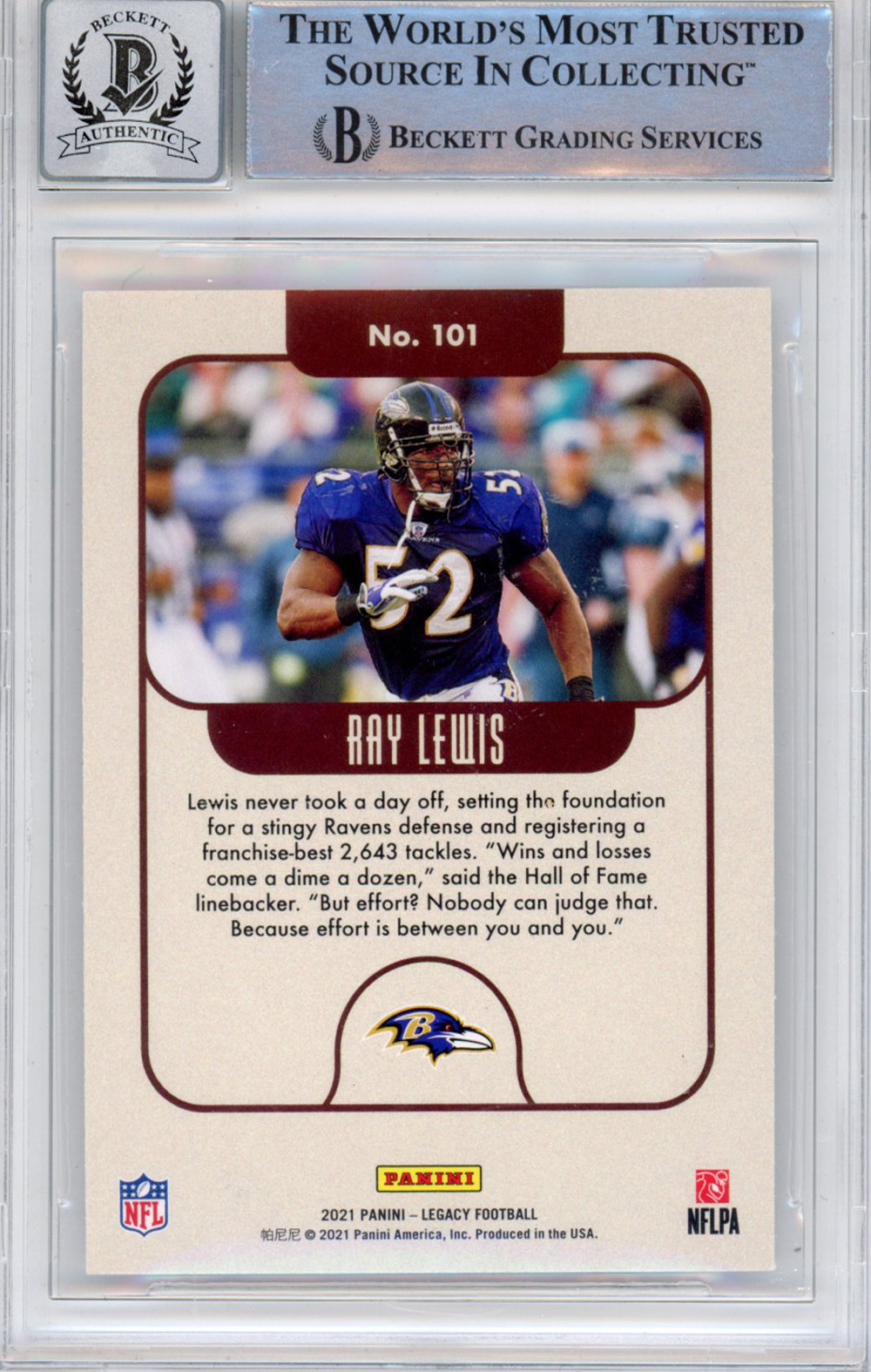 Ray Lewis Autographed 2021 Panini Legacy #101 Trading Card Beckett Slab