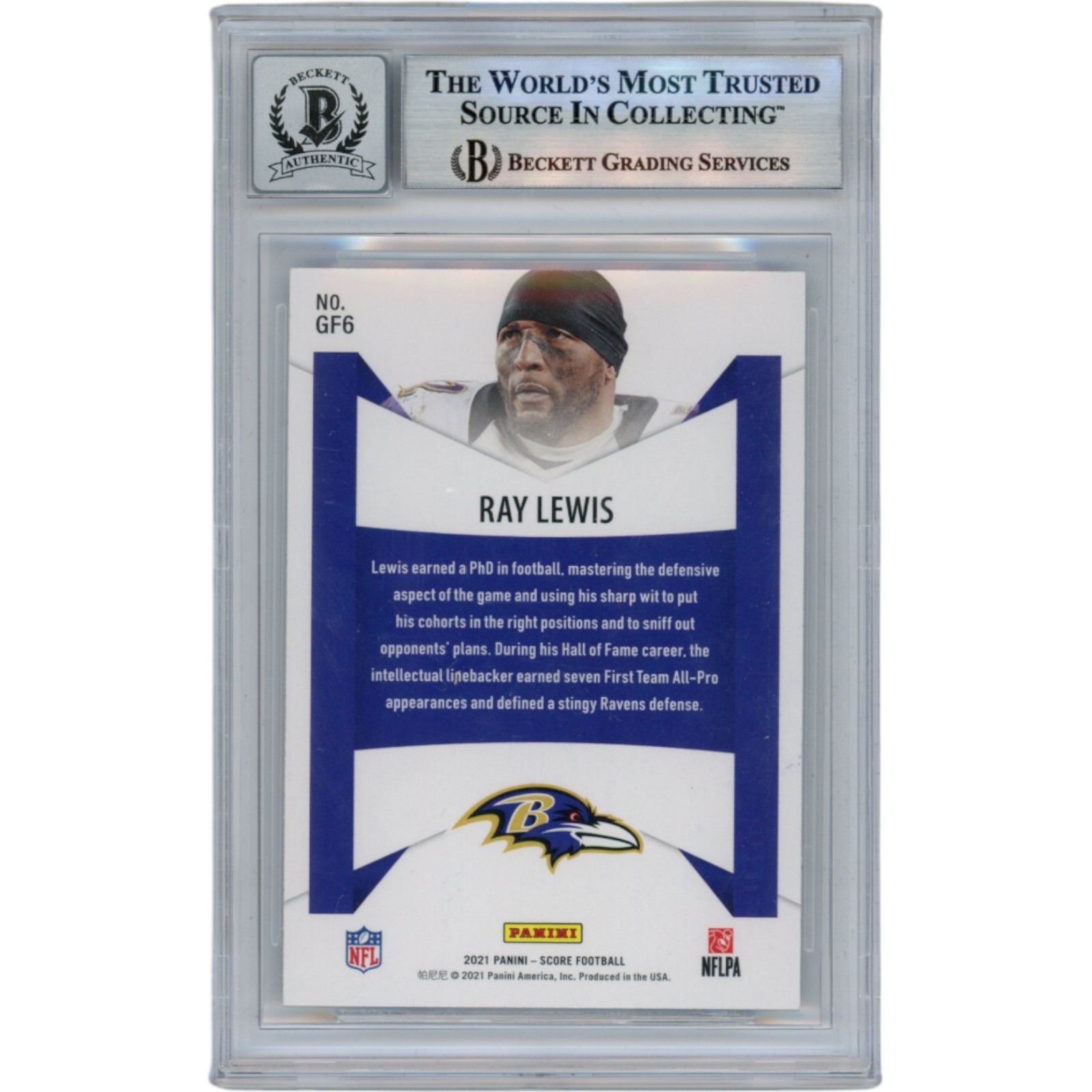 Ray Lewis Autographed 2021 Score Game Face Slabbed Trading Card Beckett 50014