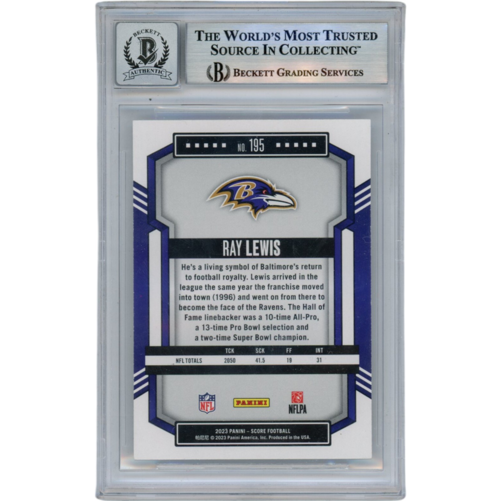 Ray Lewis Autographed/Signed 2023 Score #195 Slabbed Trading Card Beckett 50007