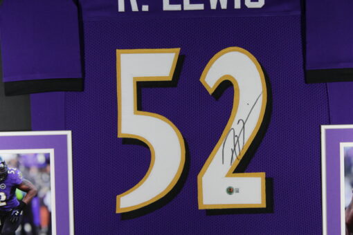 Ray Lewis Autographed/Signed Pro Style Purple XL Framed Jersey Beckett 51228