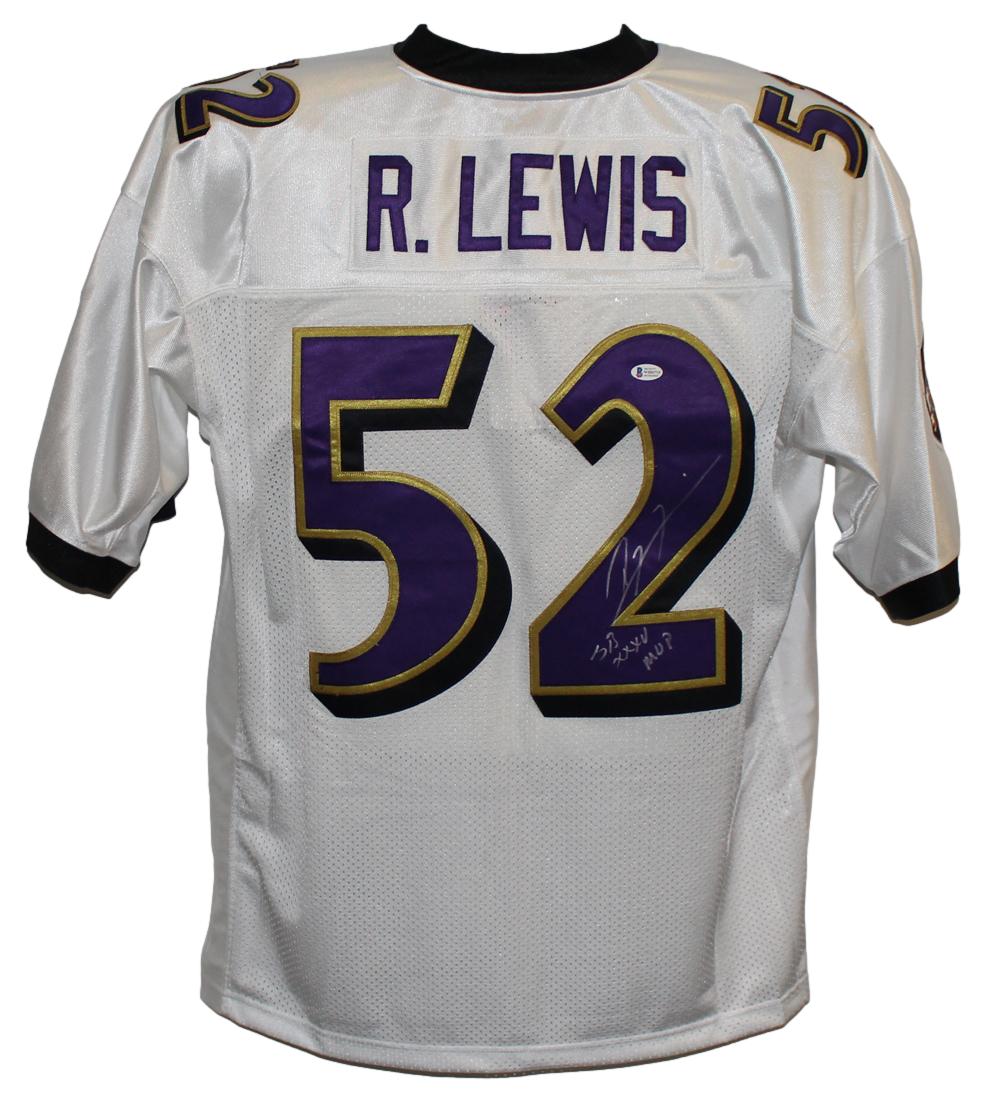 Ray Lewis Autographed Baltimore Ravens M&N White XL Jersey MVP BAS 32115