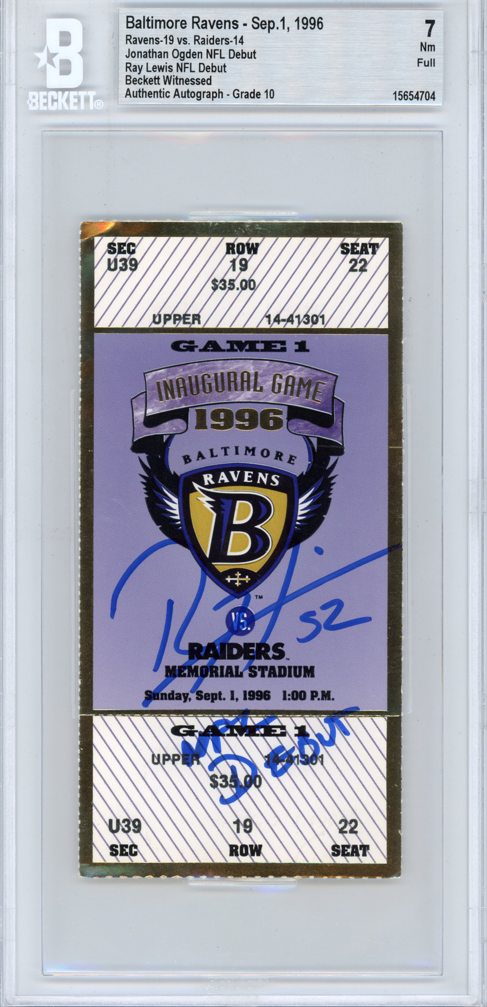 Ray Lewis Autographed Ticket 9/1/1996 Baltimore Ravens Slabbed BAS