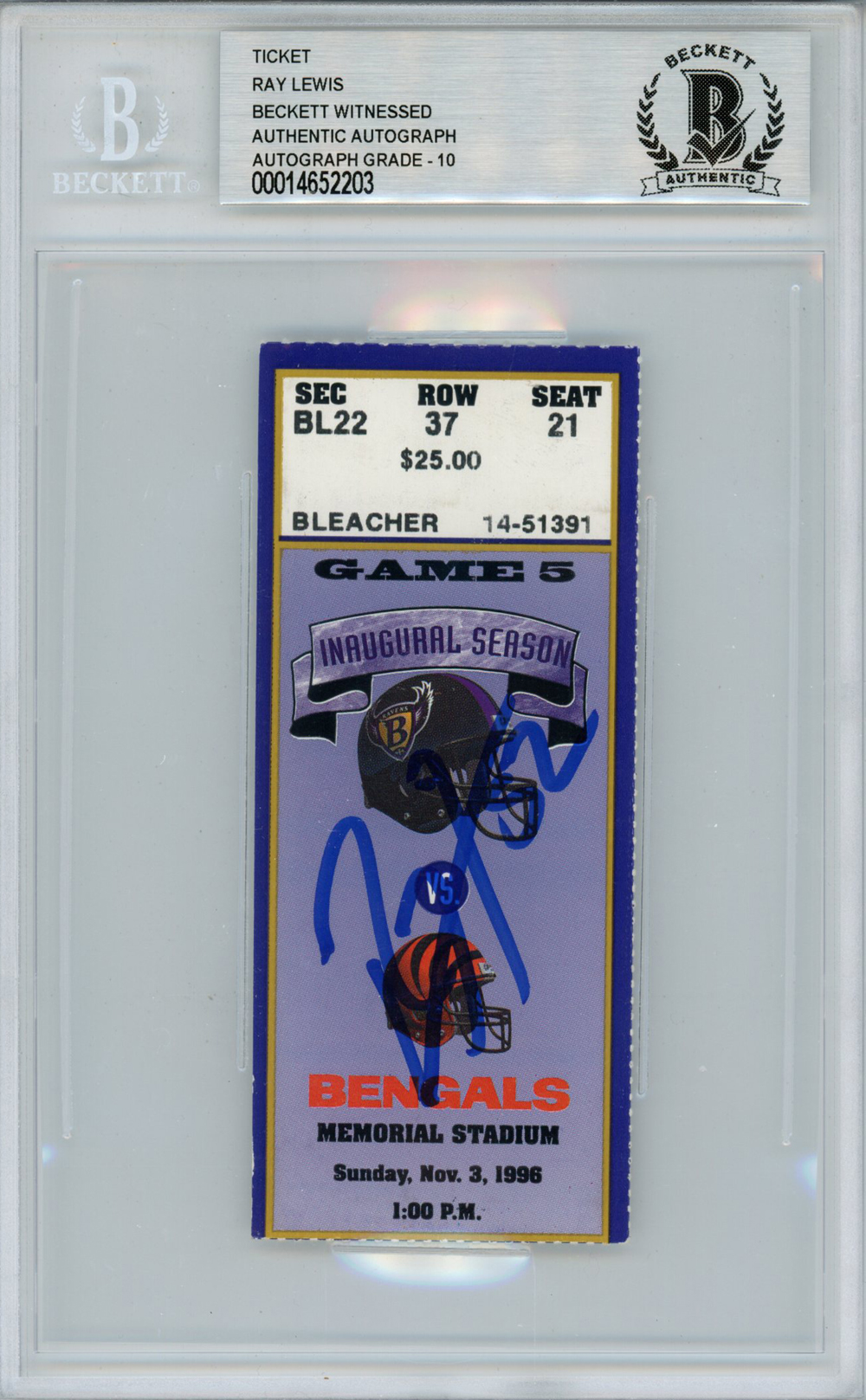 Ray Lewis Autographed/Signed 11/3/1996 vs Bengals Ticket Beckett Slab