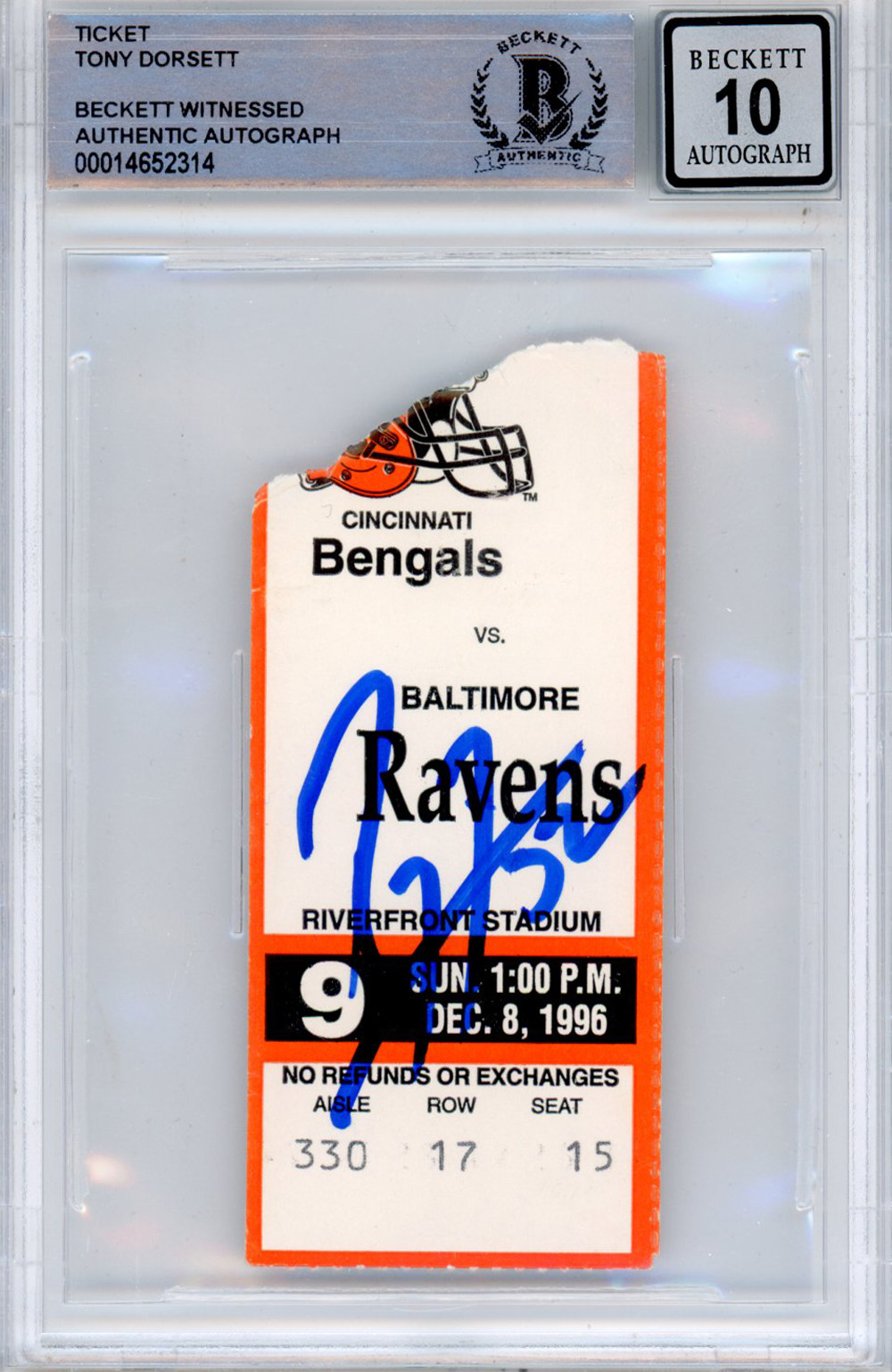 Ray Lewis Autographed 12/8/1996 vs Bengals Ticket Stub Beckett Slab