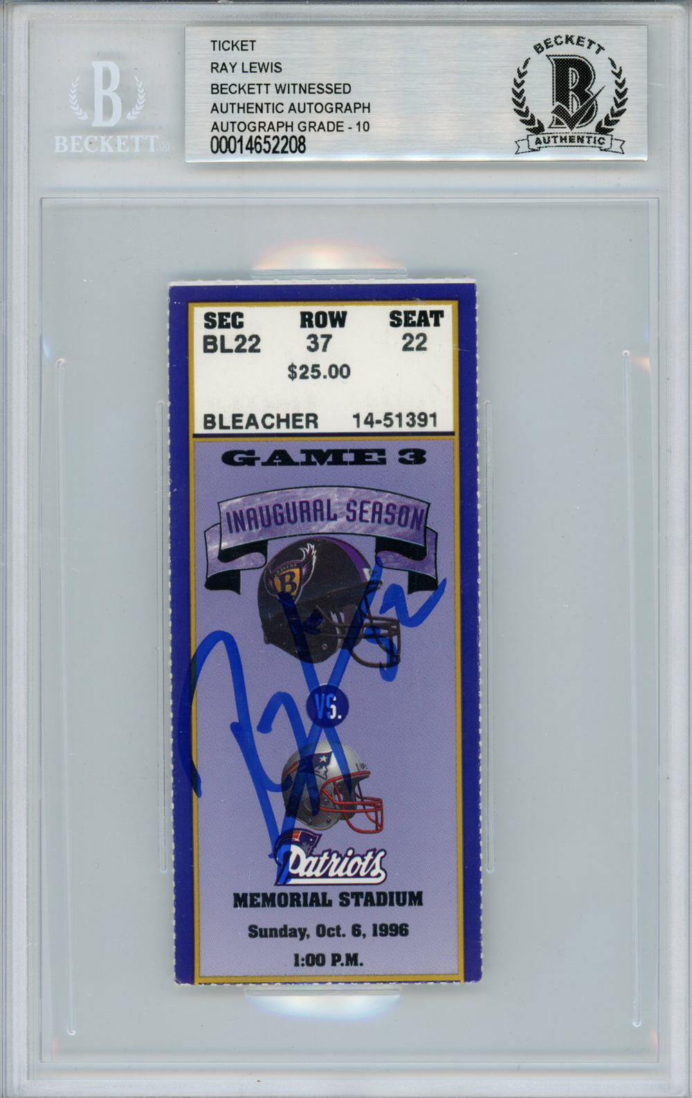 Ray Lewis Autographed/Signed 10/6/1996 vs Patriots Ticket Beckett Slab