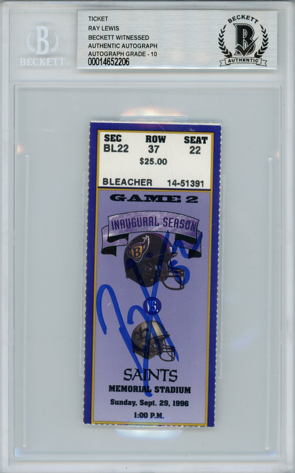 Ray Lewis Autographed/Signed 9/29/1996 vs Saints Ticket Beckett Slab