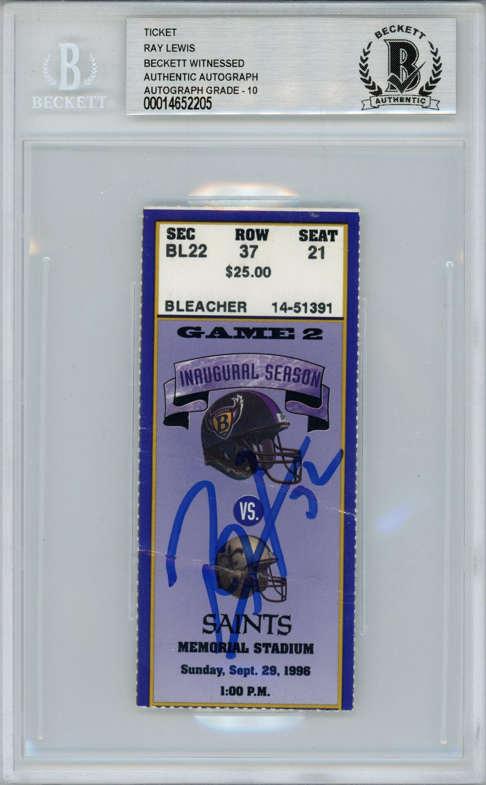 Ray Lewis Autographed/Signed 9/29/1996 vs Saints Ticket Beckett Slab