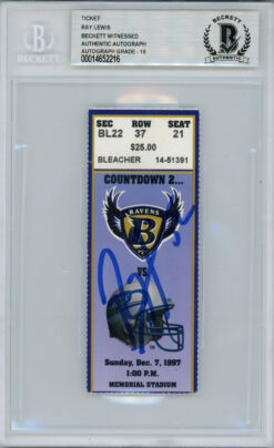 Ray Lewis Autographed/Signed 12/7/1997 vs Seahawks Ticket Beckett Slab