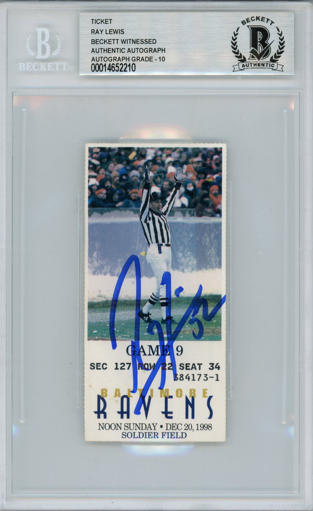 Ray Lewis Autographed/Signed 12/20/1998 vs Bears Ticket Beckett Slab
