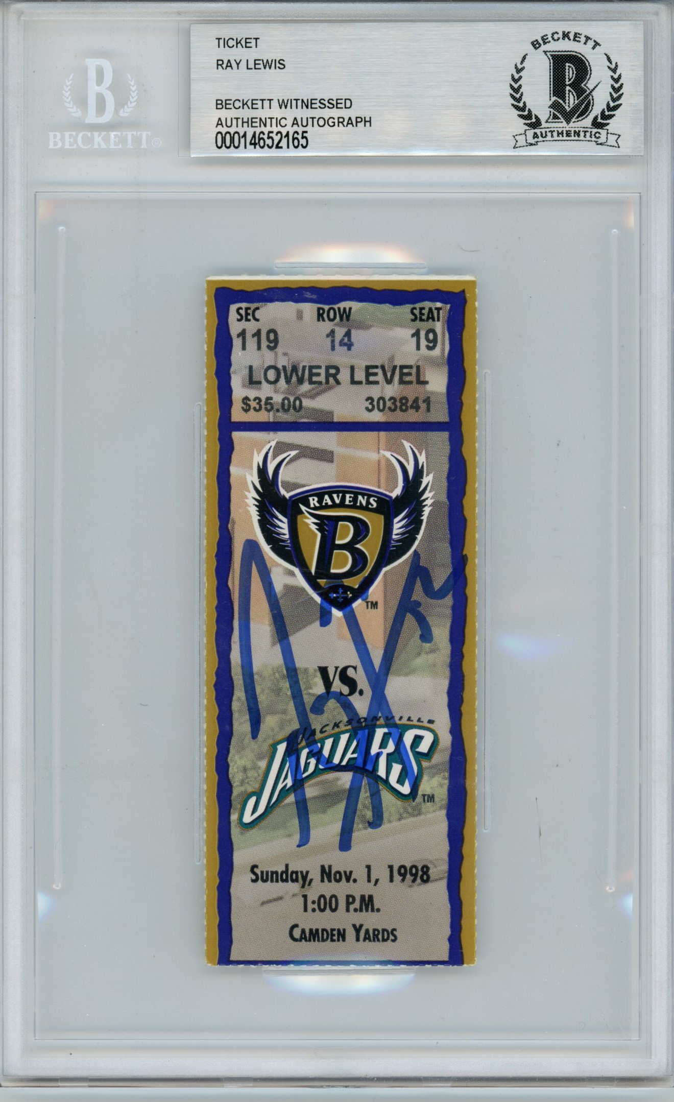 Ray Lewis Signed Baltimore Ravens Ticket 11/1/98 vs Jaguars BAS Slab 