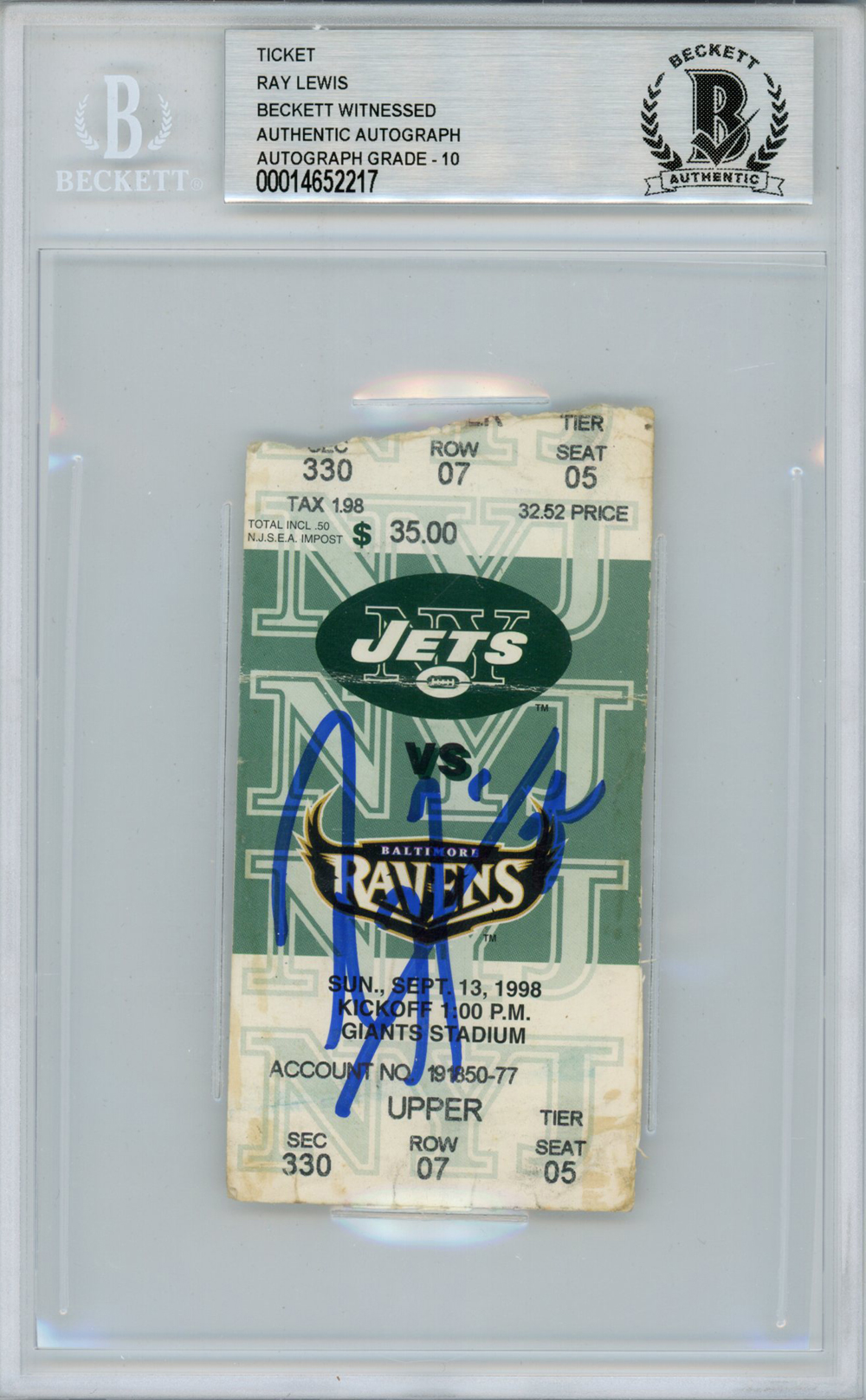 Ray Lewis Autographed/Signed 9/13/1998 vs Jets Ticket Beckett Slab