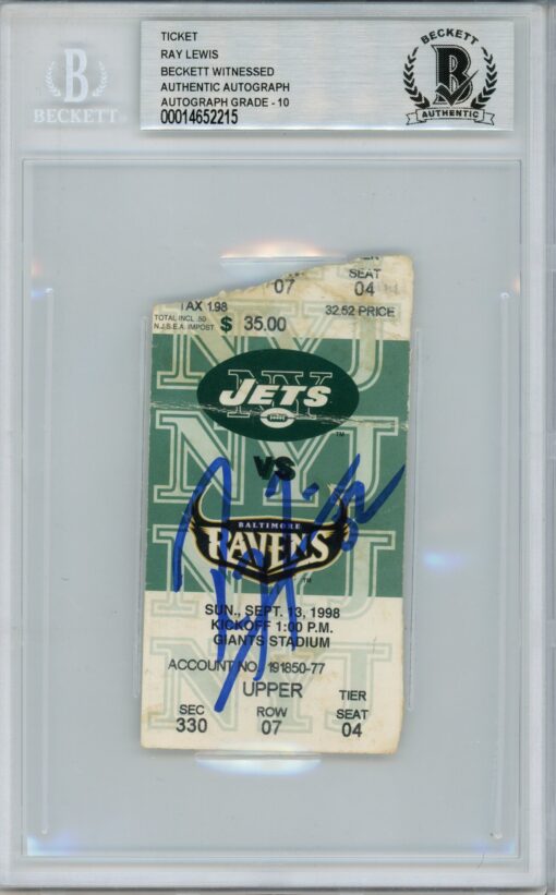 Ray Lewis Signed Baltimore Ravens Ticket 9/13/98 vs Jets BAS Slab