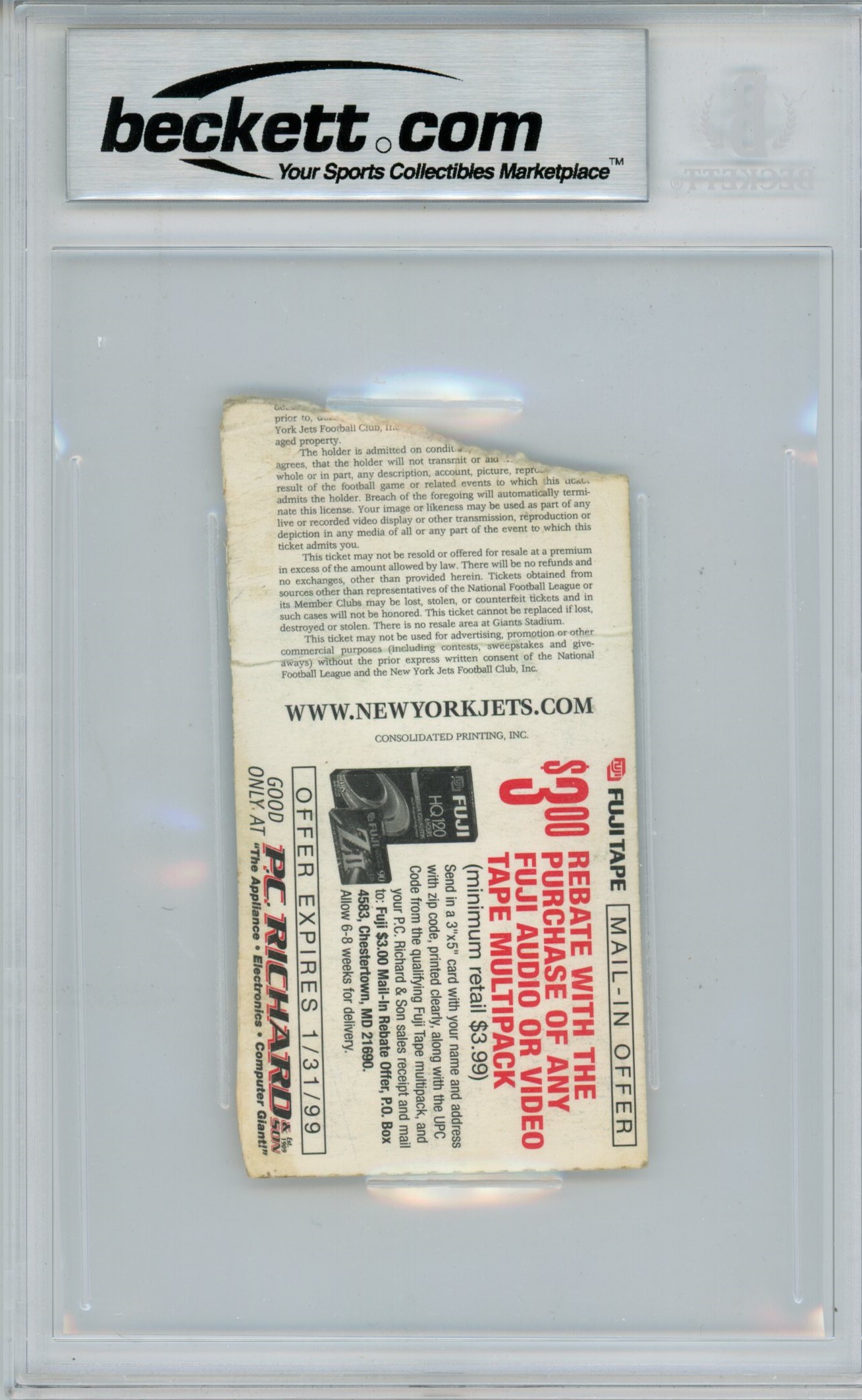 Ray Lewis Signed Baltimore Ravens Ticket 9/13/98 vs Jets BAS Slab