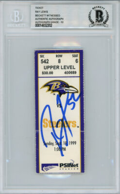 Ray Lewis Autographed/Signed 9/19/1999 vs Steelers Ticket Beckett Slab