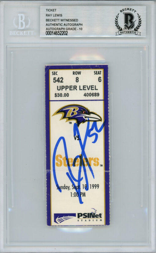 Ray Lewis Autographed/Signed 9/19/1999 vs Steelers Ticket Beckett Slab
