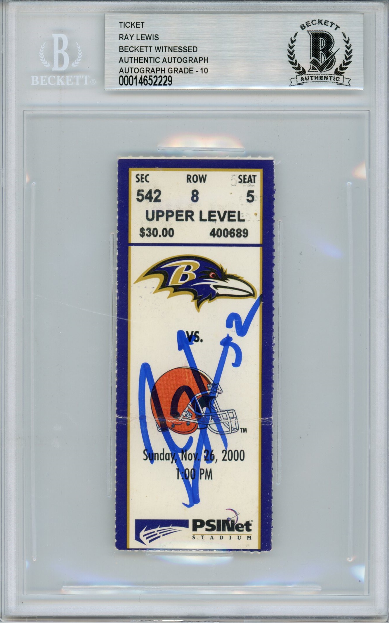 Ray Lewis Signed Baltimore Ravens Ticket 11/26/00 vs Browns BAS Slab
