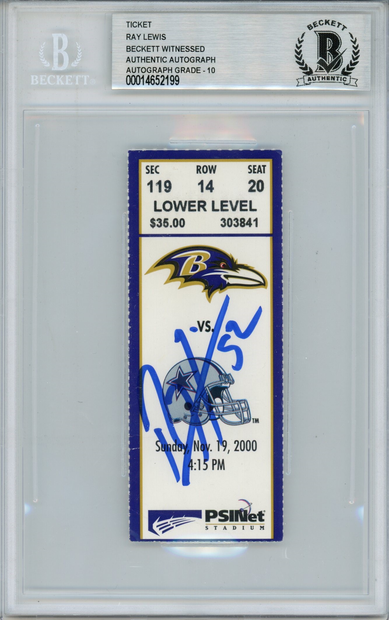 Ray Lewis Signed Baltimore Ravens Ticket 11/19/00 vs Cowboys BAS Slab