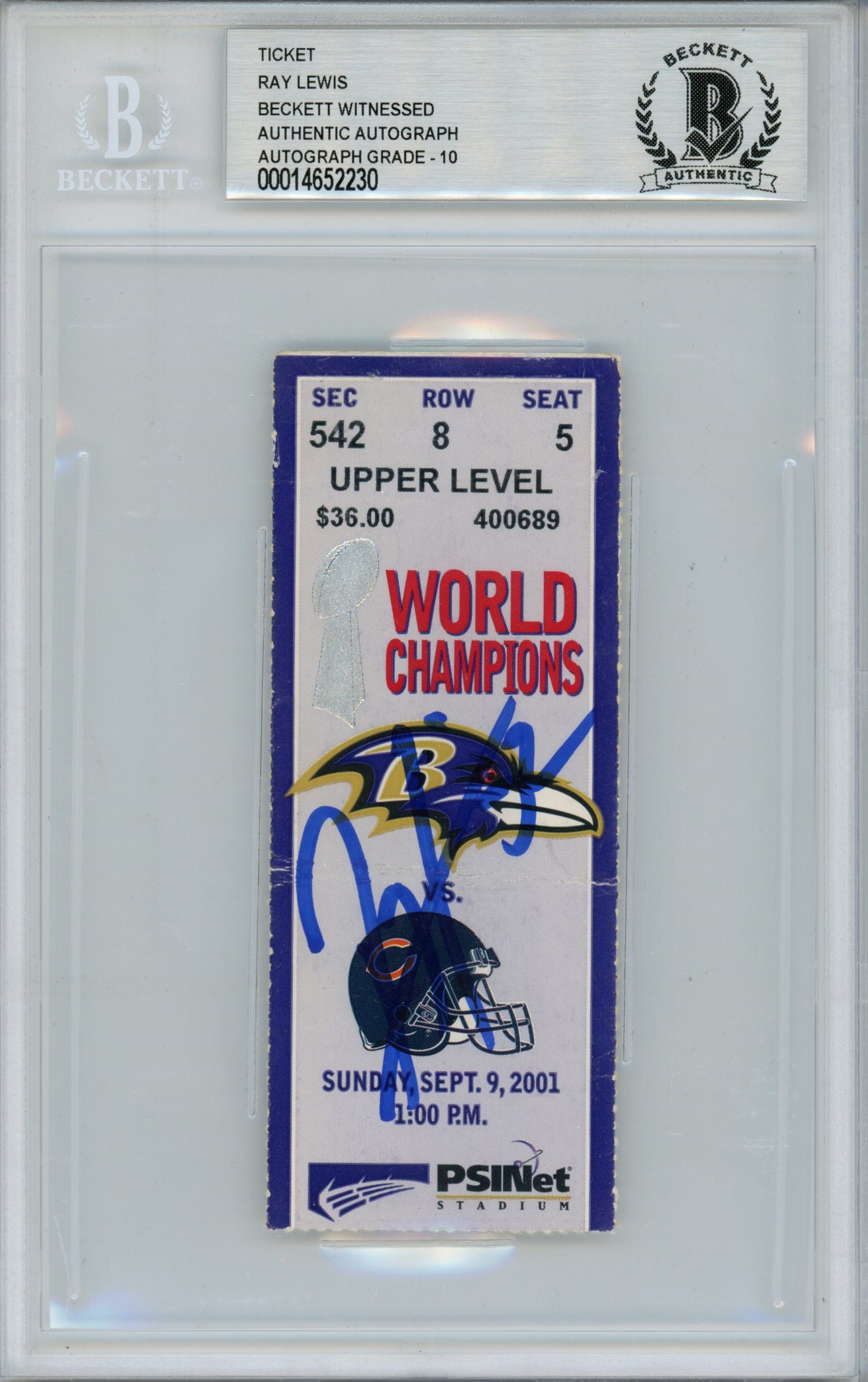 Ray Lewis Signed Baltimore Ravens Ticket 9/9/01 vs Bears BAS Slab 