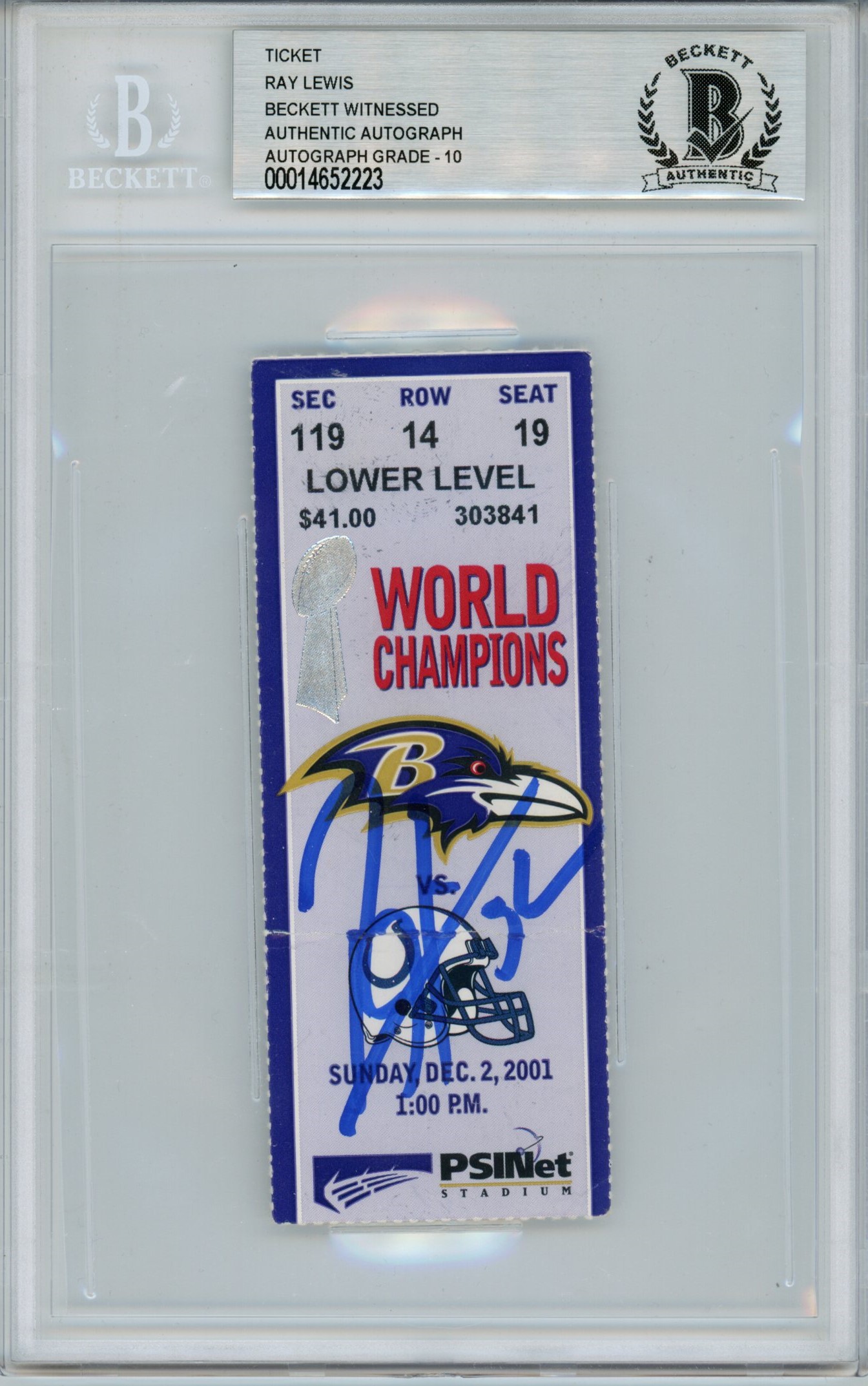 Ray Lewis Signed Baltimore Ravens Ticket 12/2/01 vs Colts BAS Slab 