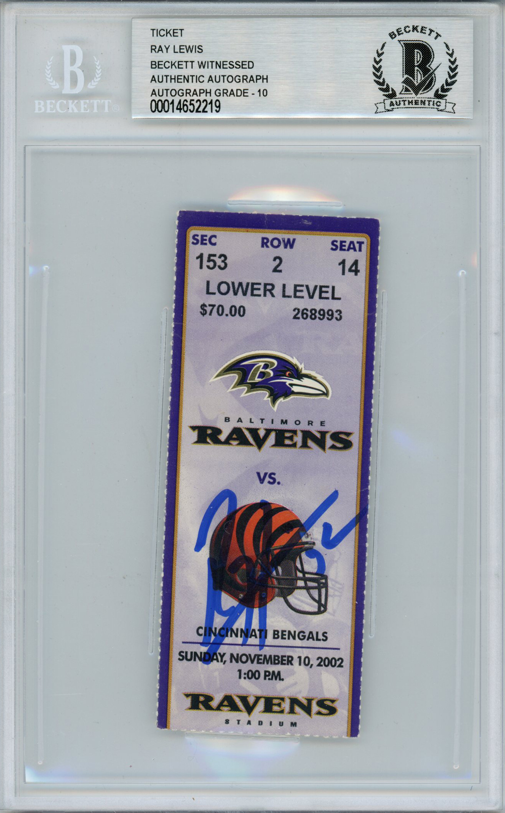 Ray Lewis Autographed/Signed 11/10/2002 vs Bengals Ticket Beckett Slab