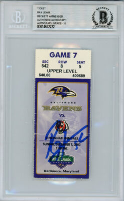 Ray Lewis Autographed/Signed 12/7/2003 vs Bengals Ticket Beckett Slab