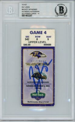 Ray Lewis Signed Baltimore Ravens Ticket 11/2/03 vs Jaguars BAS Slab