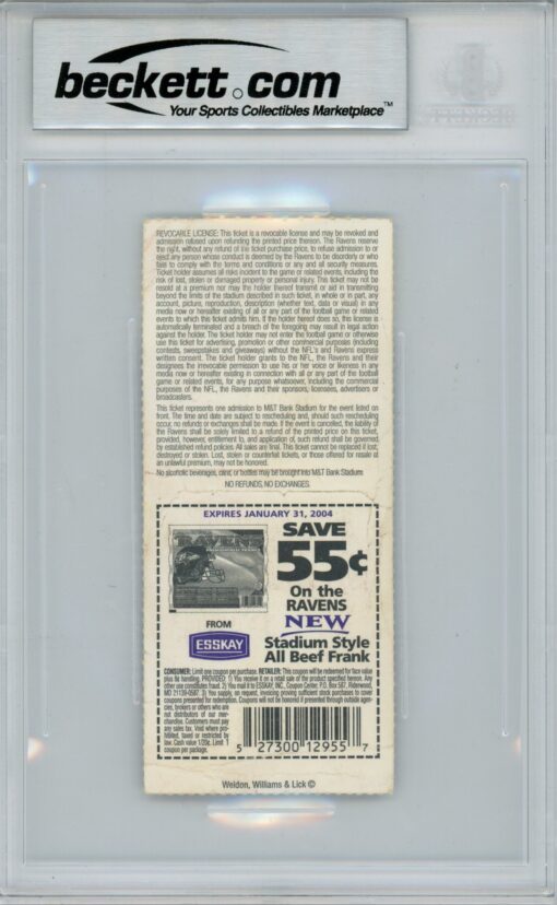 Ray Lewis Signed Baltimore Ravens Ticket 11/2/03 vs Jaguars BAS Slab