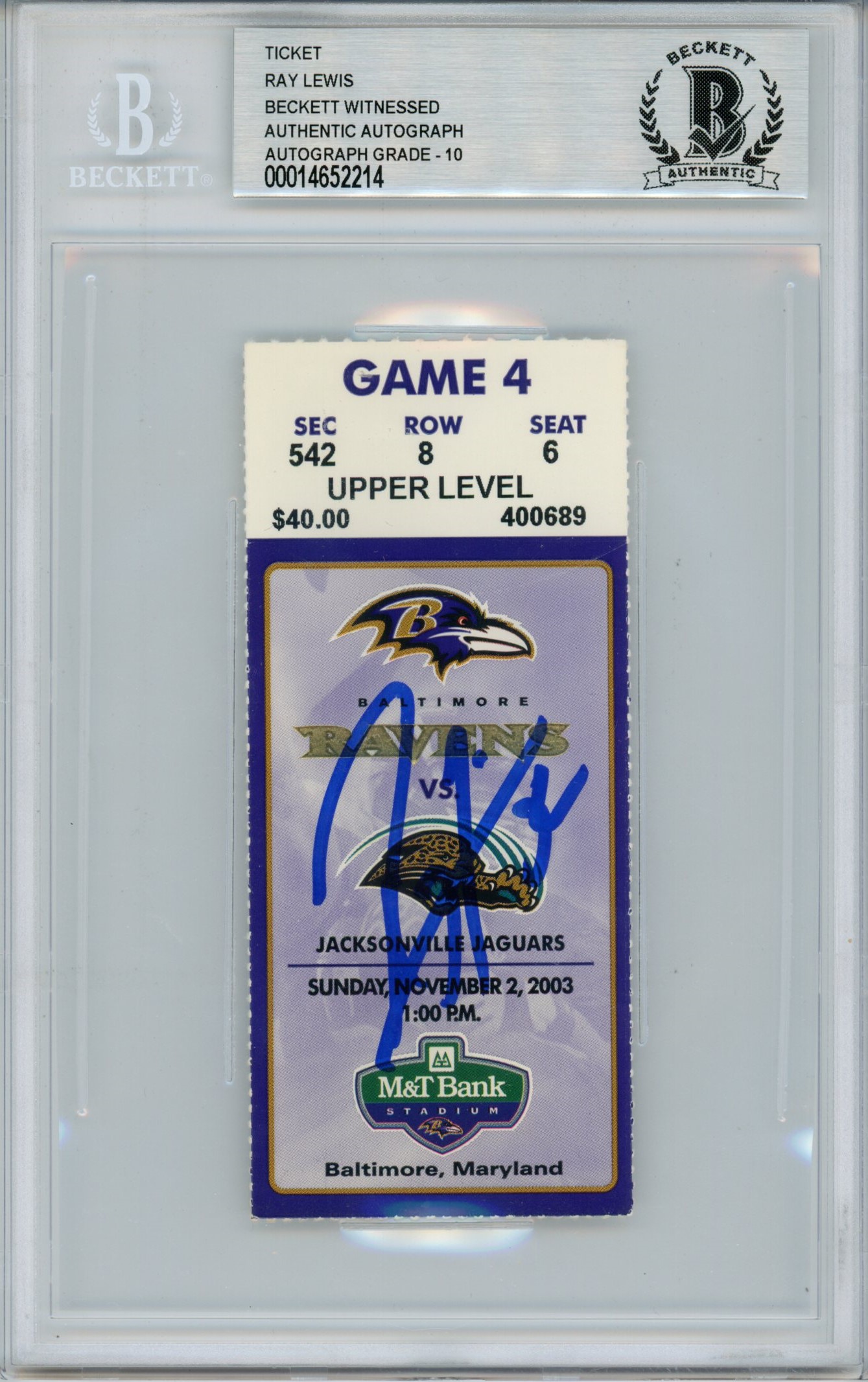 Ray Lewis Signed Baltimore Ravens Ticket 11/2/03 vs Jaguars BAS Slab 