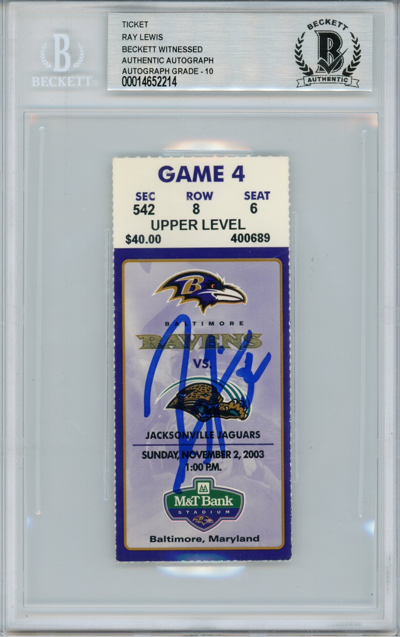 Ray Lewis Signed Baltimore Ravens Ticket 11/2/03 vs Jaguars BAS Slab