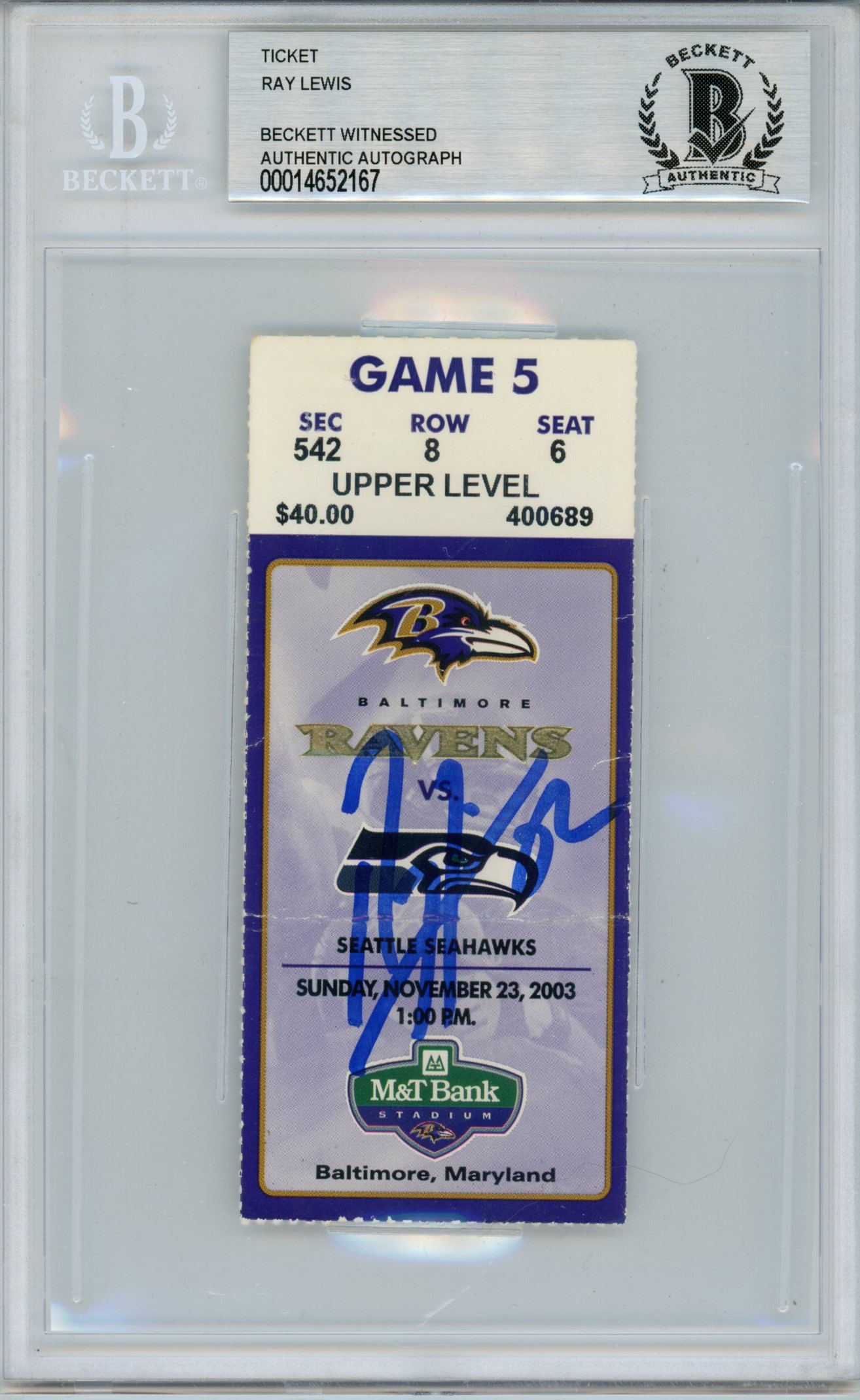 Ray Lewis Signed Baltimore Ravens Ticket 11/23/03 vs SEA BAS Slab 