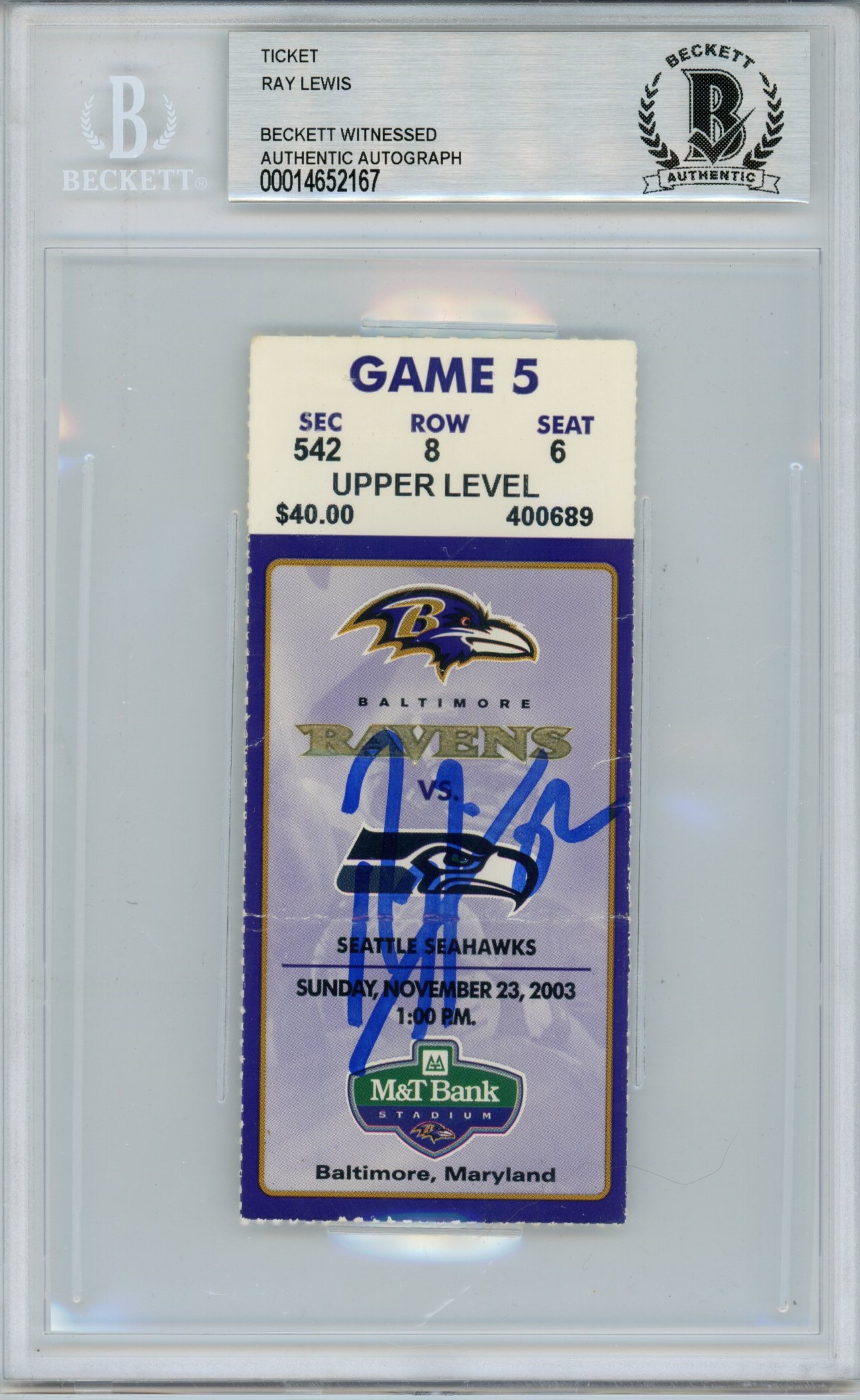 Ray Lewis Signed Baltimore Ravens Ticket 11/23/03 vs SEA BAS Slab