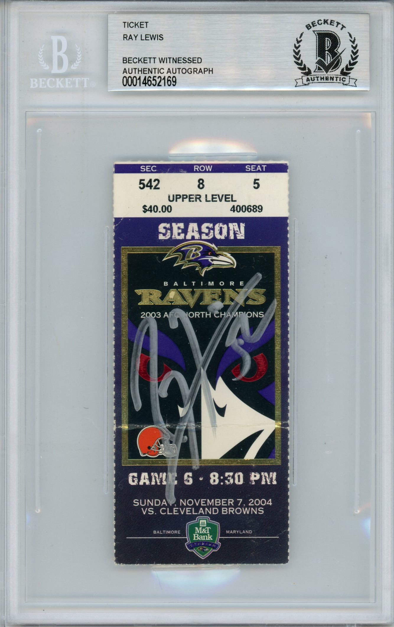 Ray Lewis Signed Baltimore Ravens Ticket 11/7/04 vs CLE BAS Slab