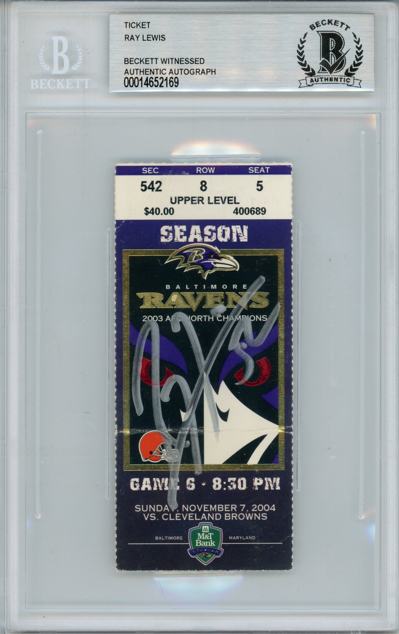 Ray Lewis Signed Baltimore Ravens Ticket 11/7/04 vs CLE BAS Slab 
