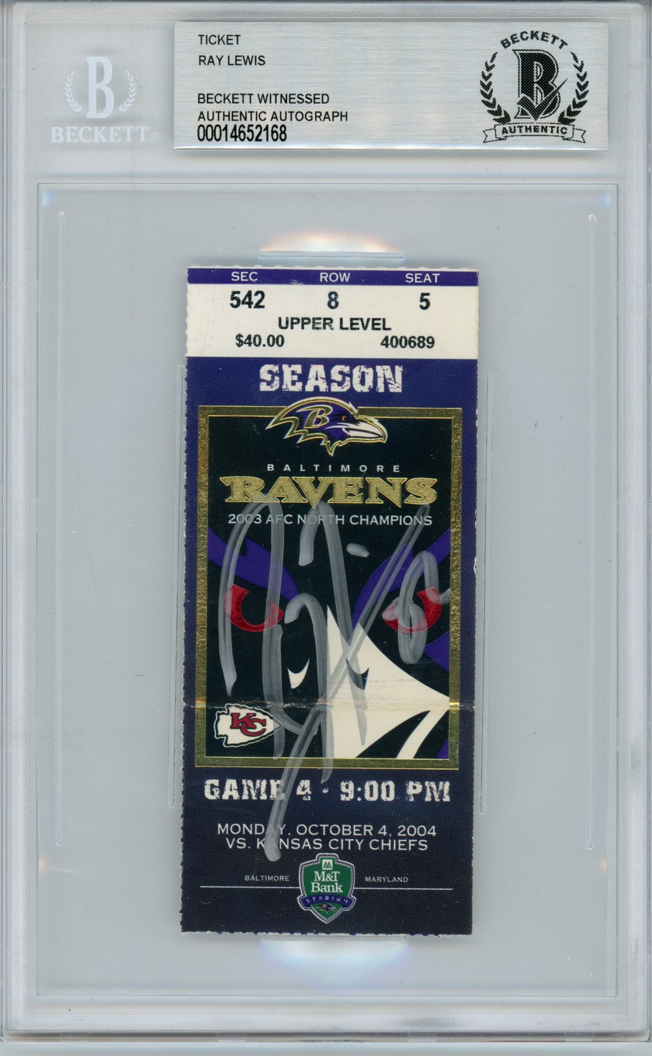 Ray Lewis Signed Baltimore Ravens Ticket 10/4/04 vs Chiefs BAS Slab