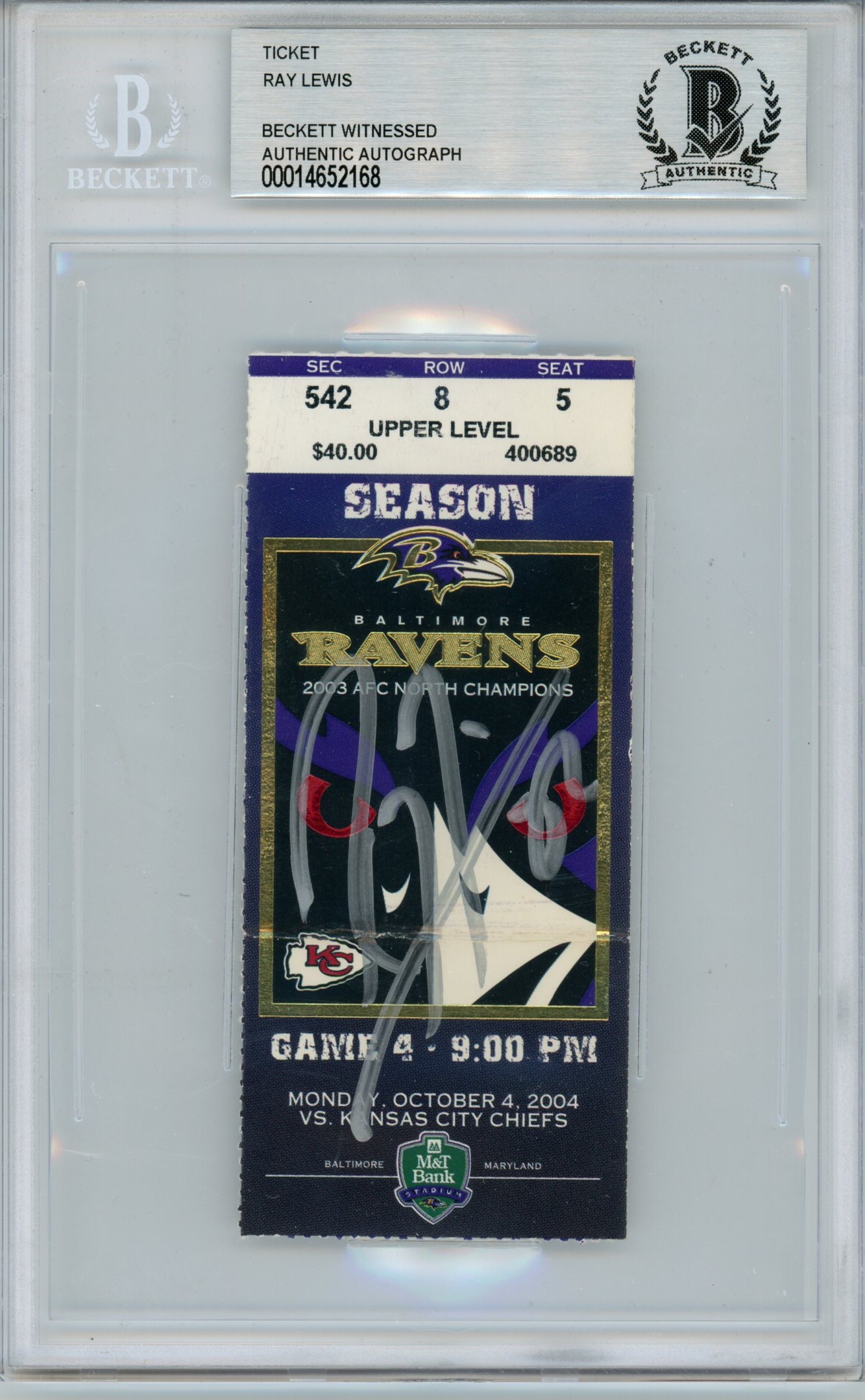 Ray Lewis Signed Baltimore Ravens Ticket 10/4/04 vs Chiefs BAS Slab 
