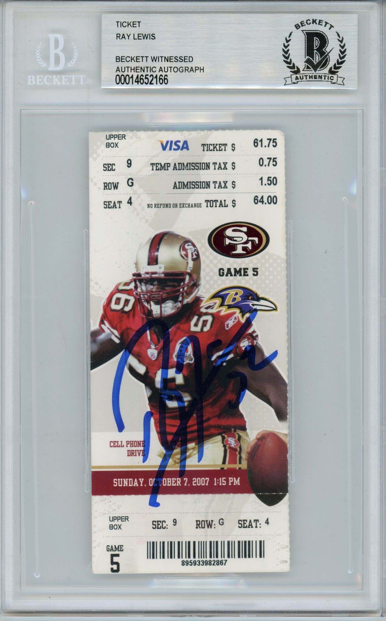Ray Lewis Signed Baltimore Ravens Ticket 10/07/07 vs 49ers BAS Slab 