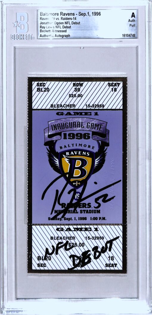 Ray Lewis Signed Baltimore Ravens Ticket Stub 09/01/96 Debut Beckett Slab