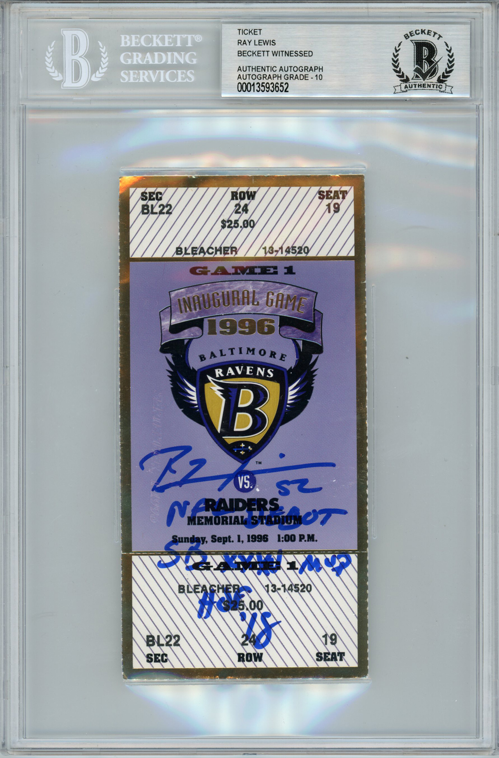 Ray Lewis Signed Baltimore Ravens NFL Debut Ticket Stub 3 Insc BAS 10 Slab