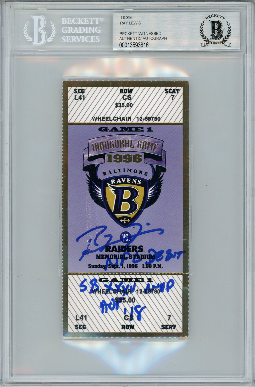 Ray Lewis Signed Baltimore Ravens NFL Debut Ticket Stub 3 Insc BAS Slab