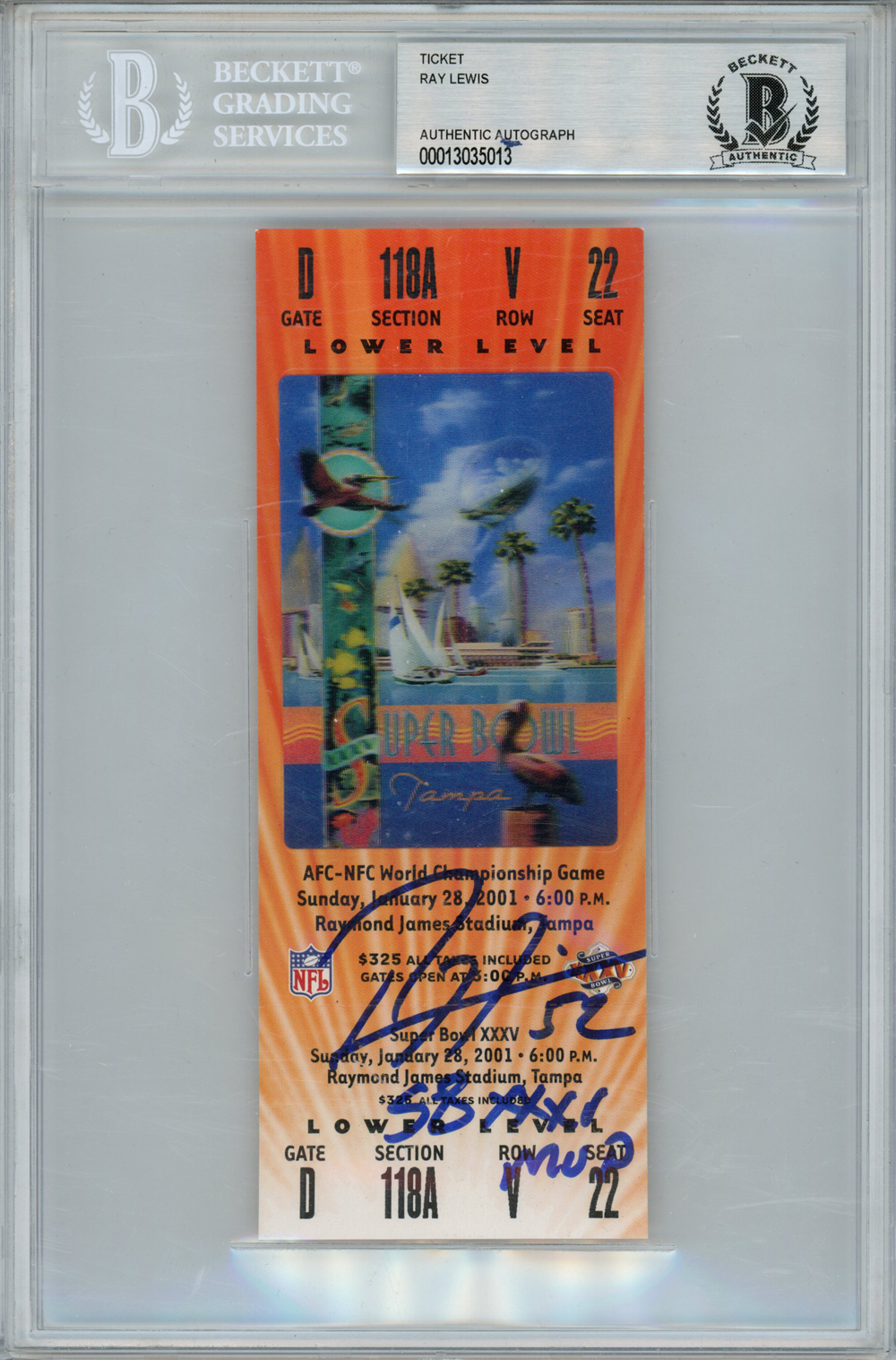 Ray Lewis Autographed Super Bowl XXXV Ticket SB MVP Beckett Slab