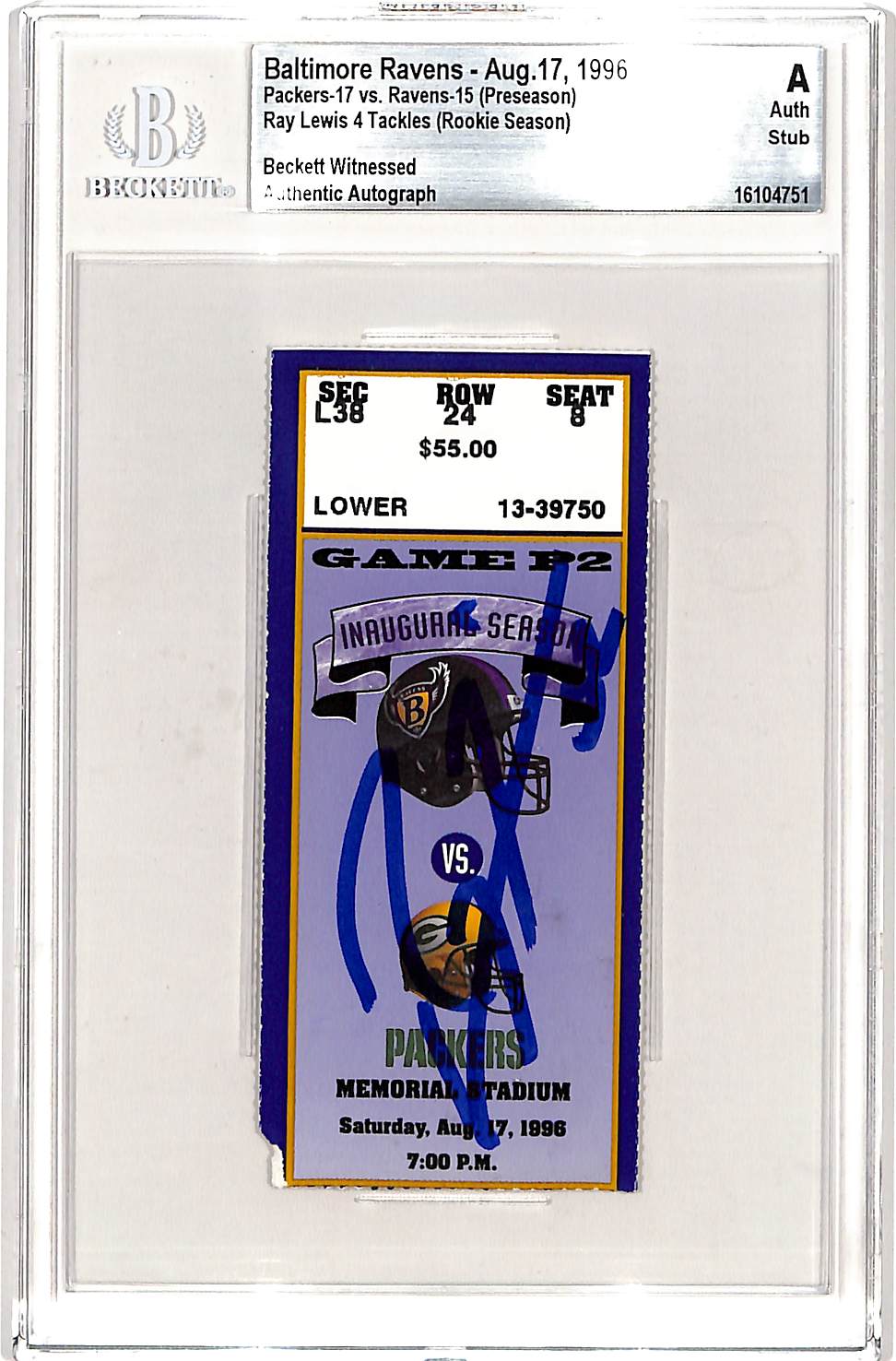 Ray Lewis Signed Baltimore Ravens 08/17/96 Ticket Stub Slab Beckett 
