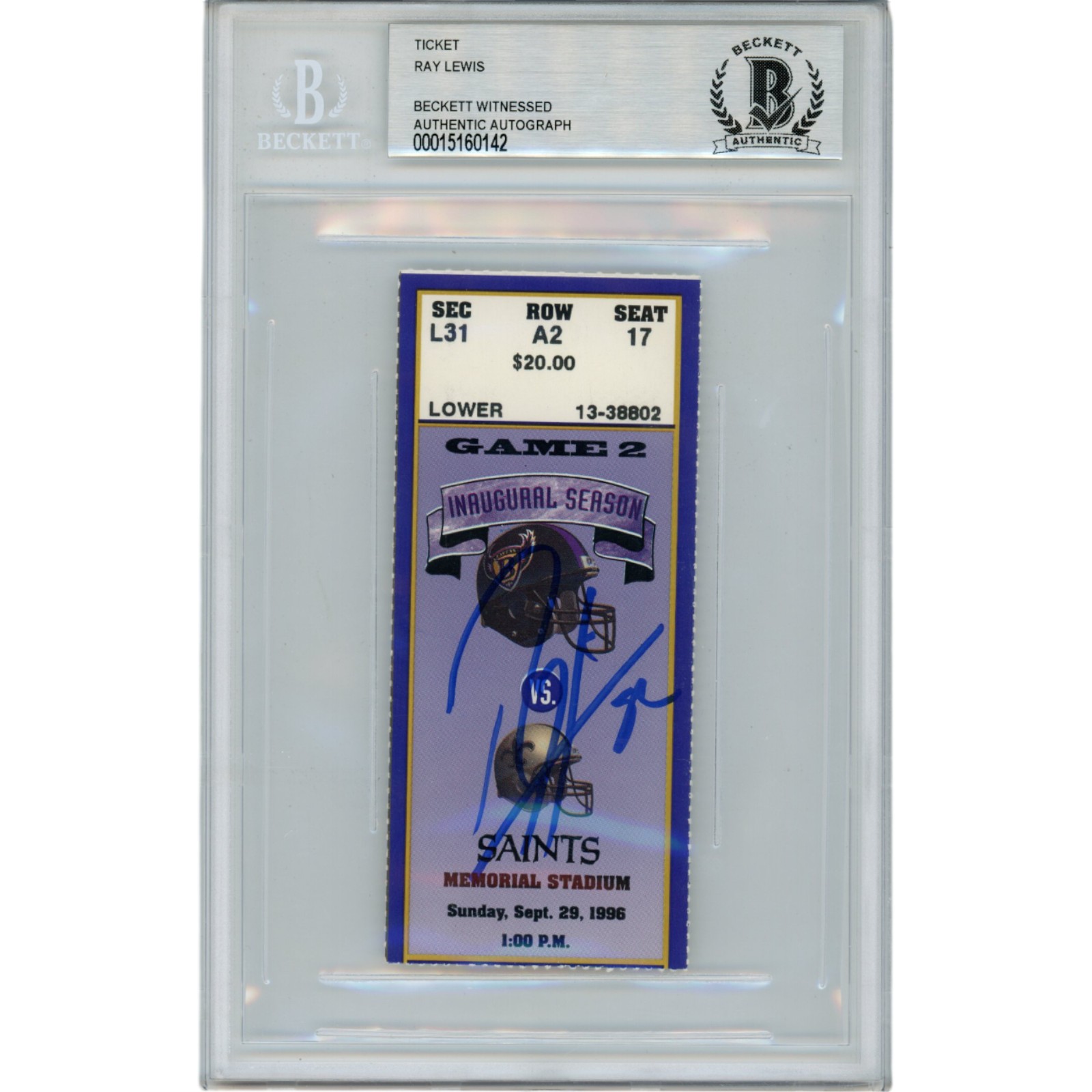 Ray Lewis Autographed Baltimore Ravens 09/29/96 Ticket Stub Beckett 47580