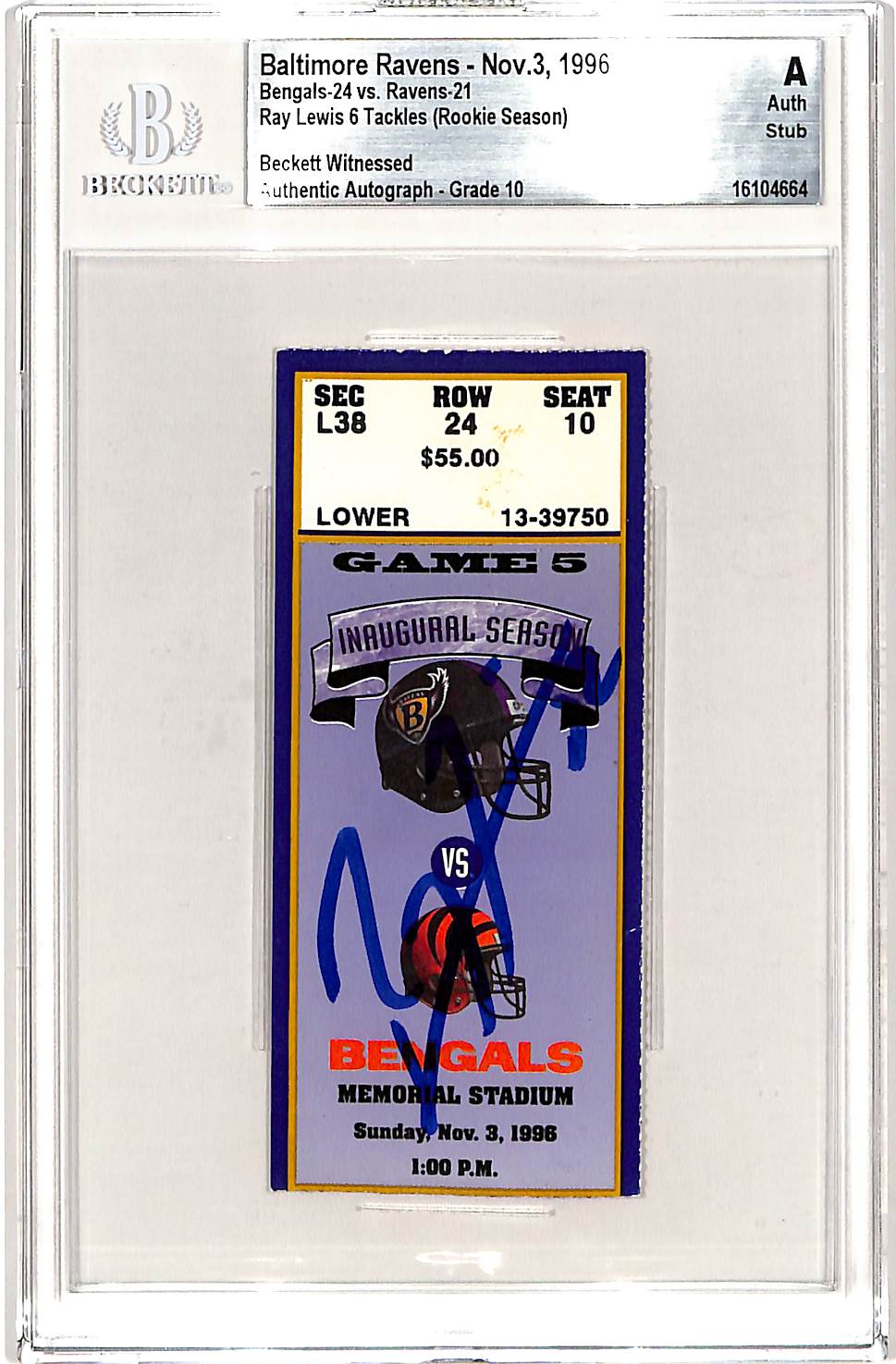 Ray Lewis Signed Baltimore Ravens 11/03/96 Ticket Stub Slab Beckett 