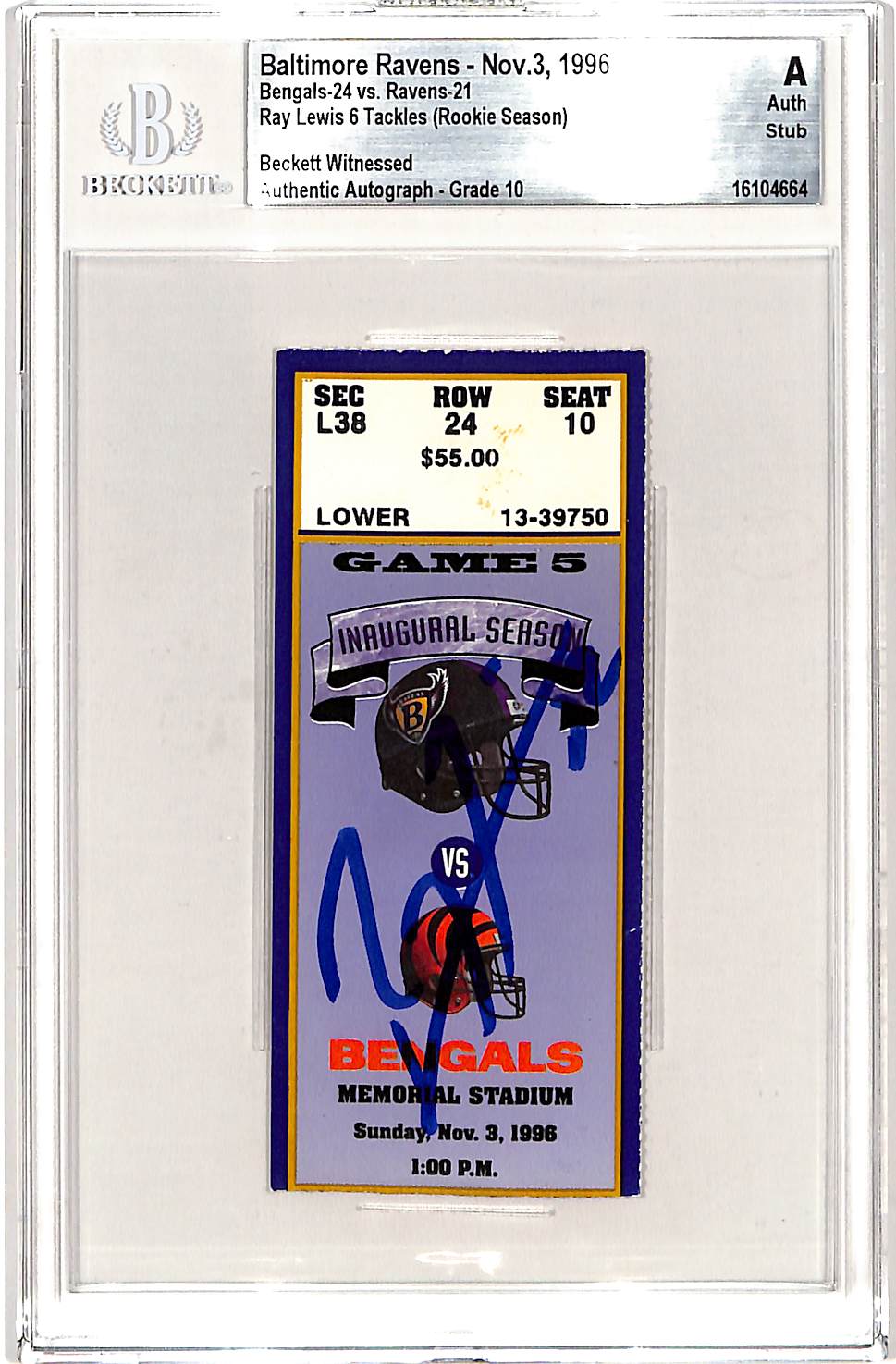 Ray Lewis Signed Baltimore Ravens 11/03/96 Ticket Stub Slab Beckett