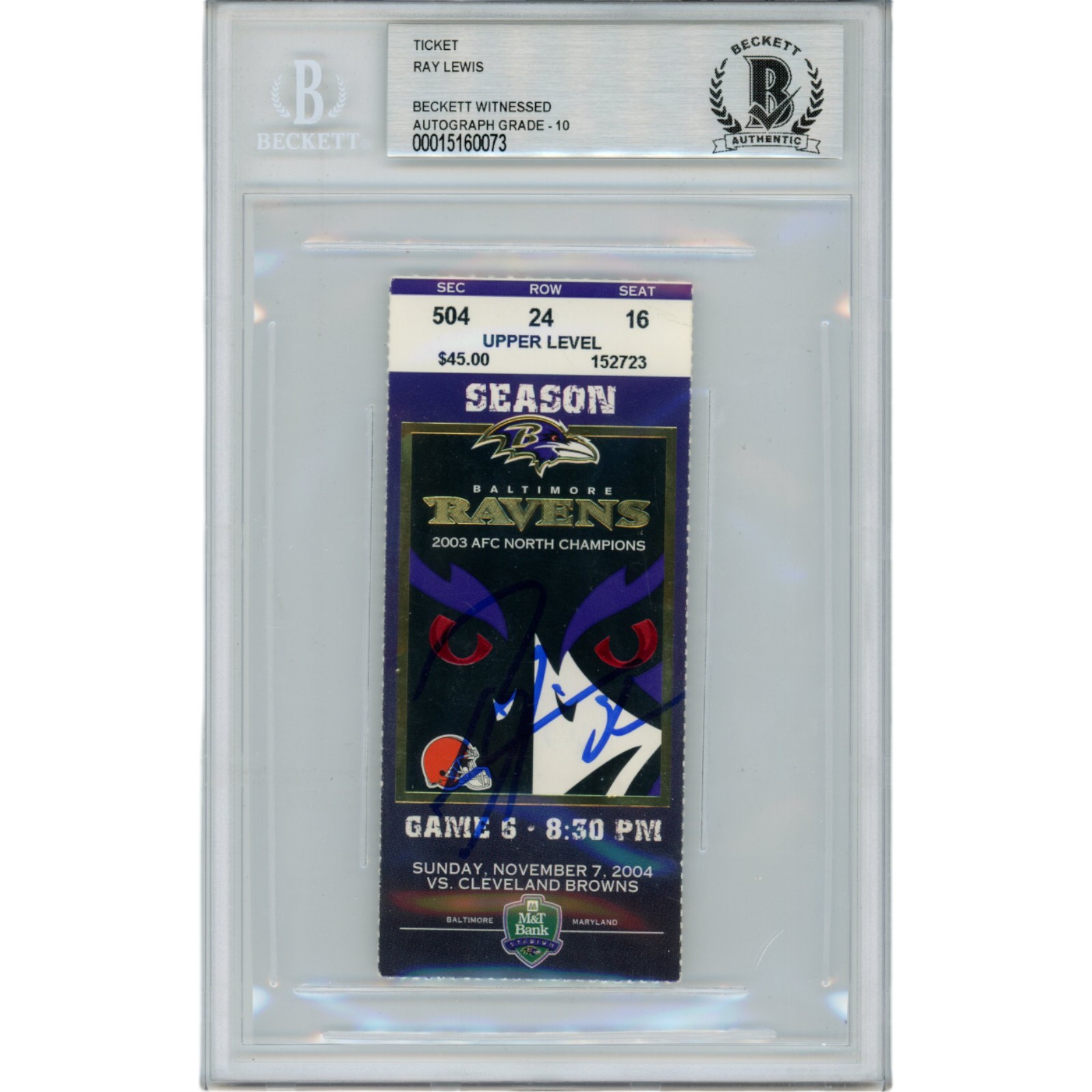 Ray Lewis Autographed Baltimore Ravens 11/07/04 Ticket Stub Beckett 47575