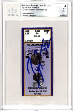 Ray Lewis Signed Baltimore Ravens 11/24/96 Ticket Stub Slab Beckett 